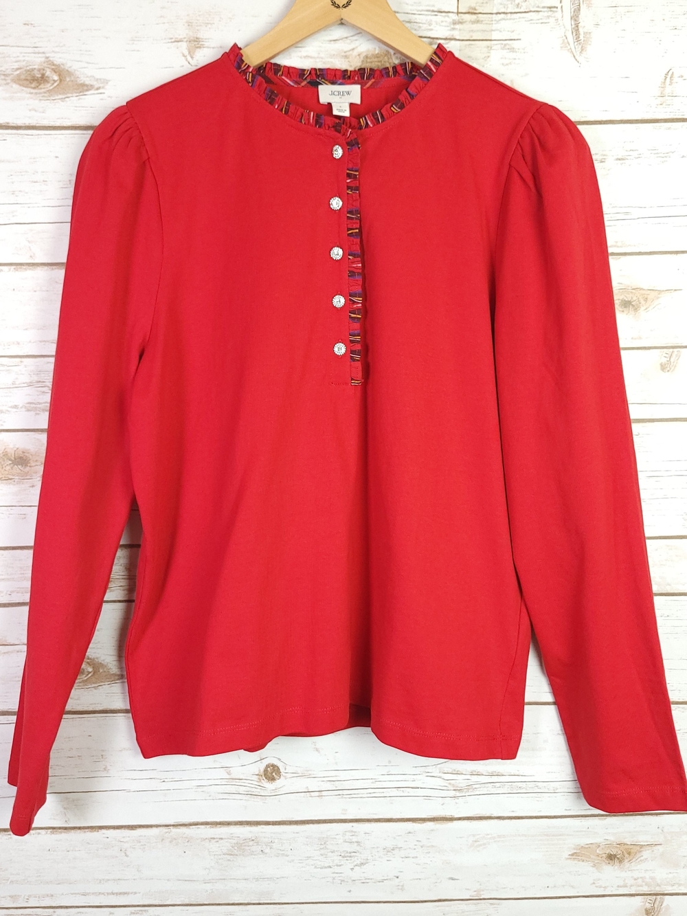 J. Crew Long Sleeve Tartan and Jewels Henley Red Large Holiday Christmas